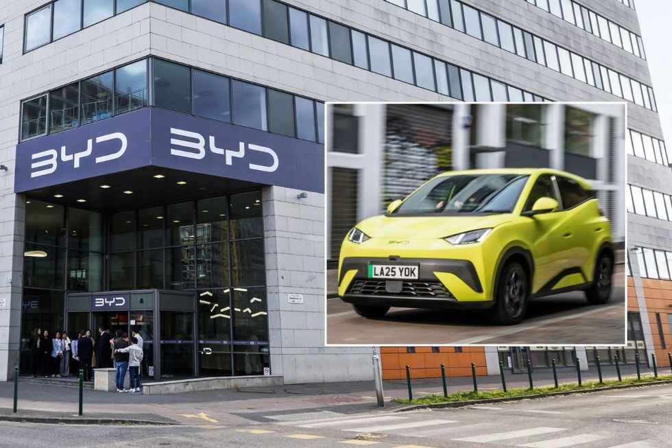 BYD building and a a BYD Dolphin Surf