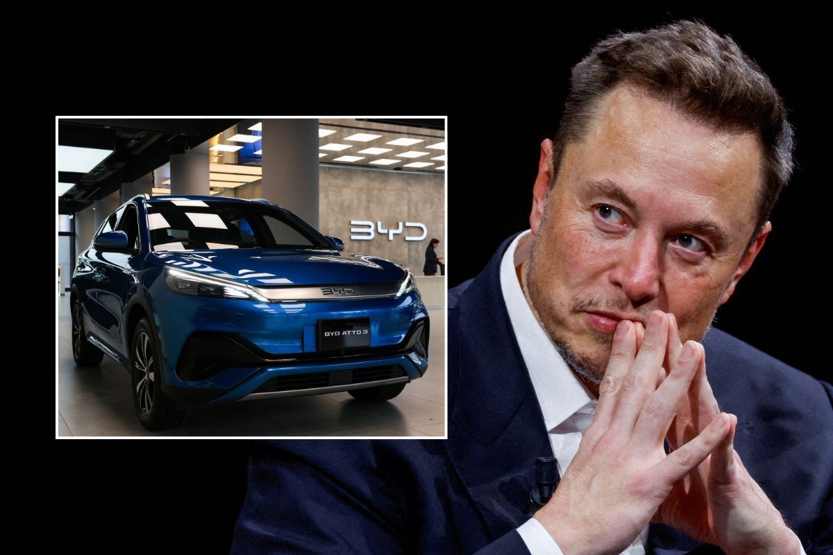 BYD car and Tesla CEO Elon Musk