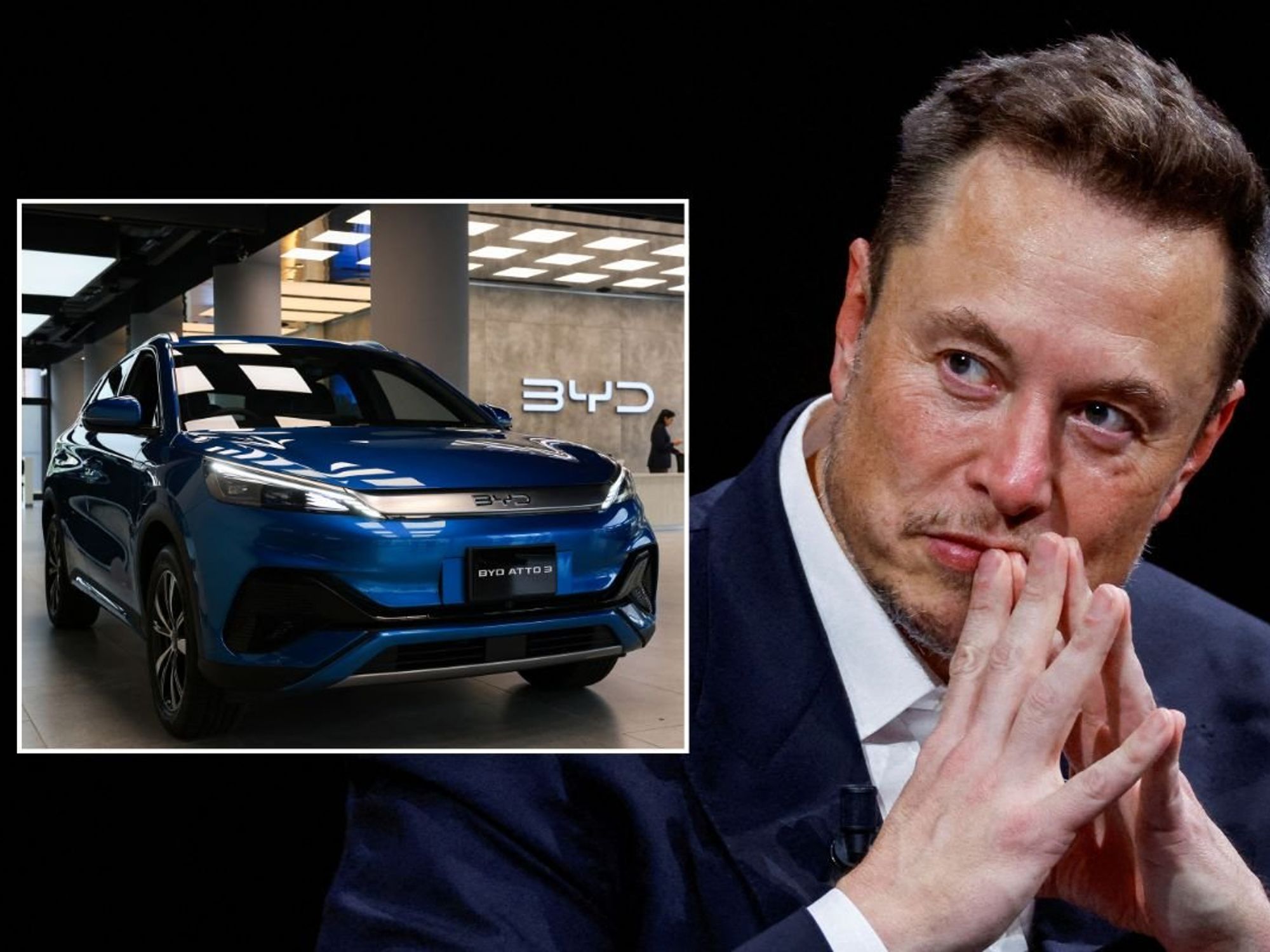BYD car and Tesla CEO Elon Musk