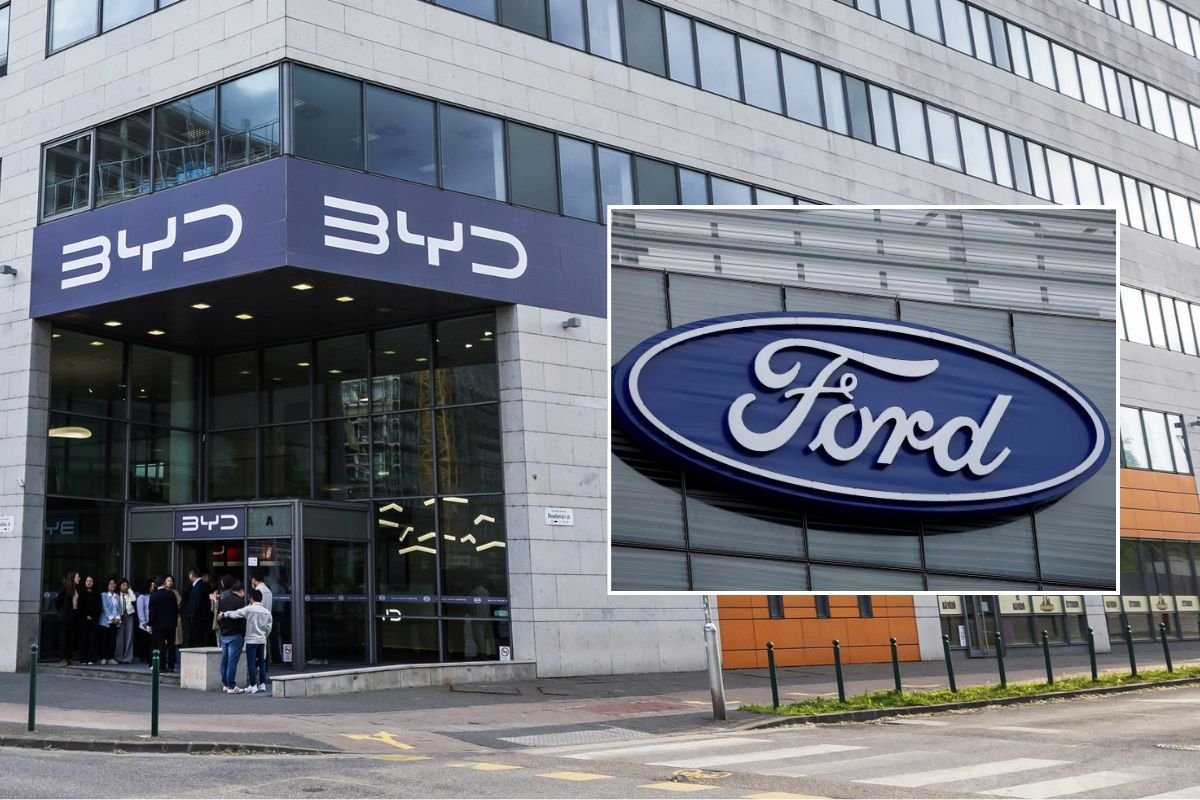 BYD factory in Hungary and a Ford logo in Dearborn, Michigan, United States