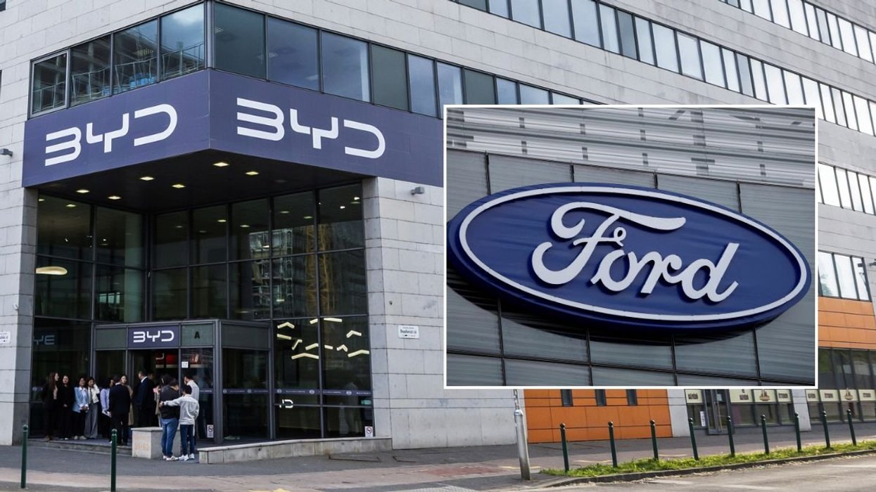 BYD factory in Hungary and a Ford logo in Dearborn, Michigan, United States