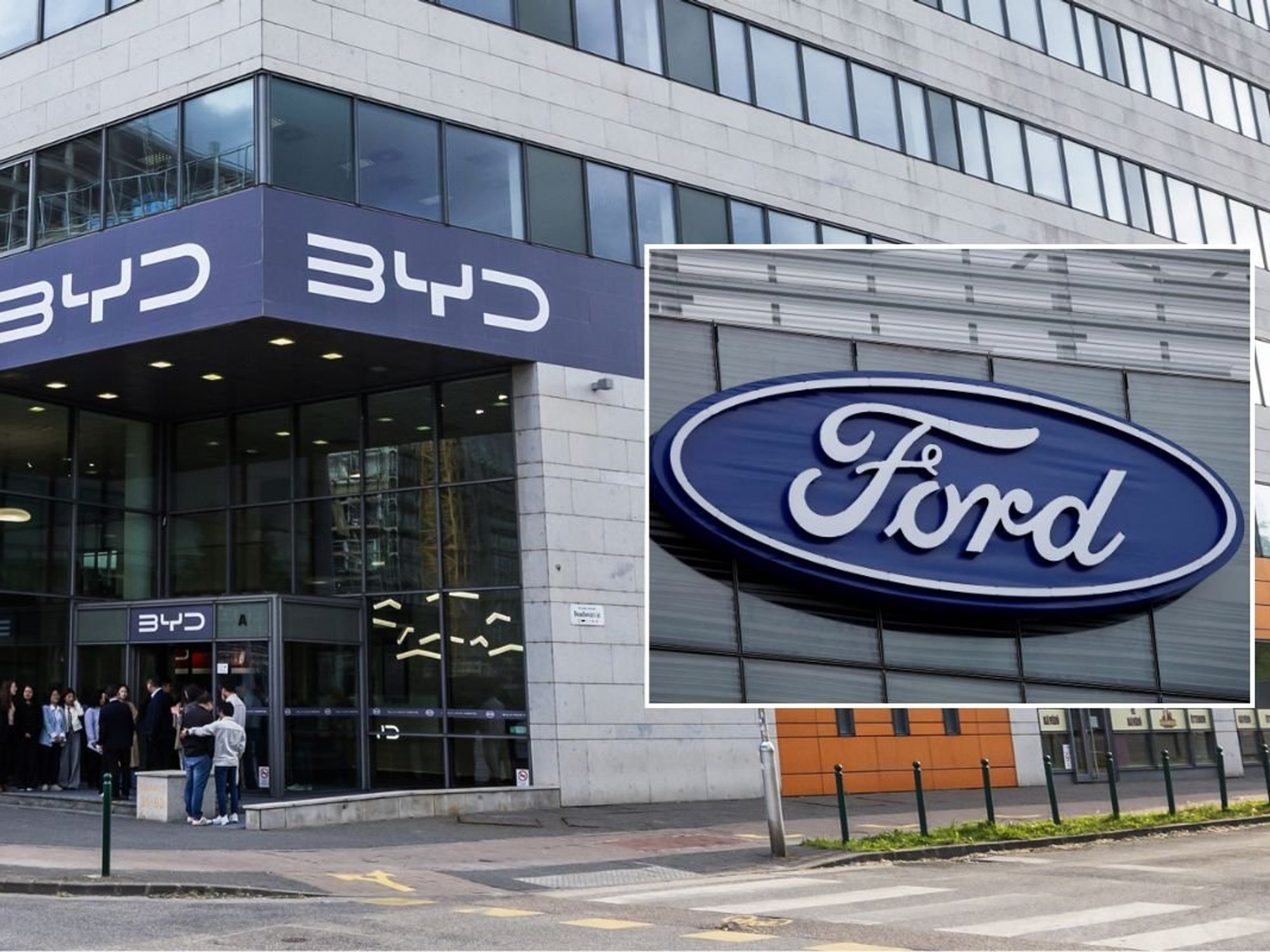 BYD factory in Hungary and a Ford logo in Dearborn, Michigan, United States