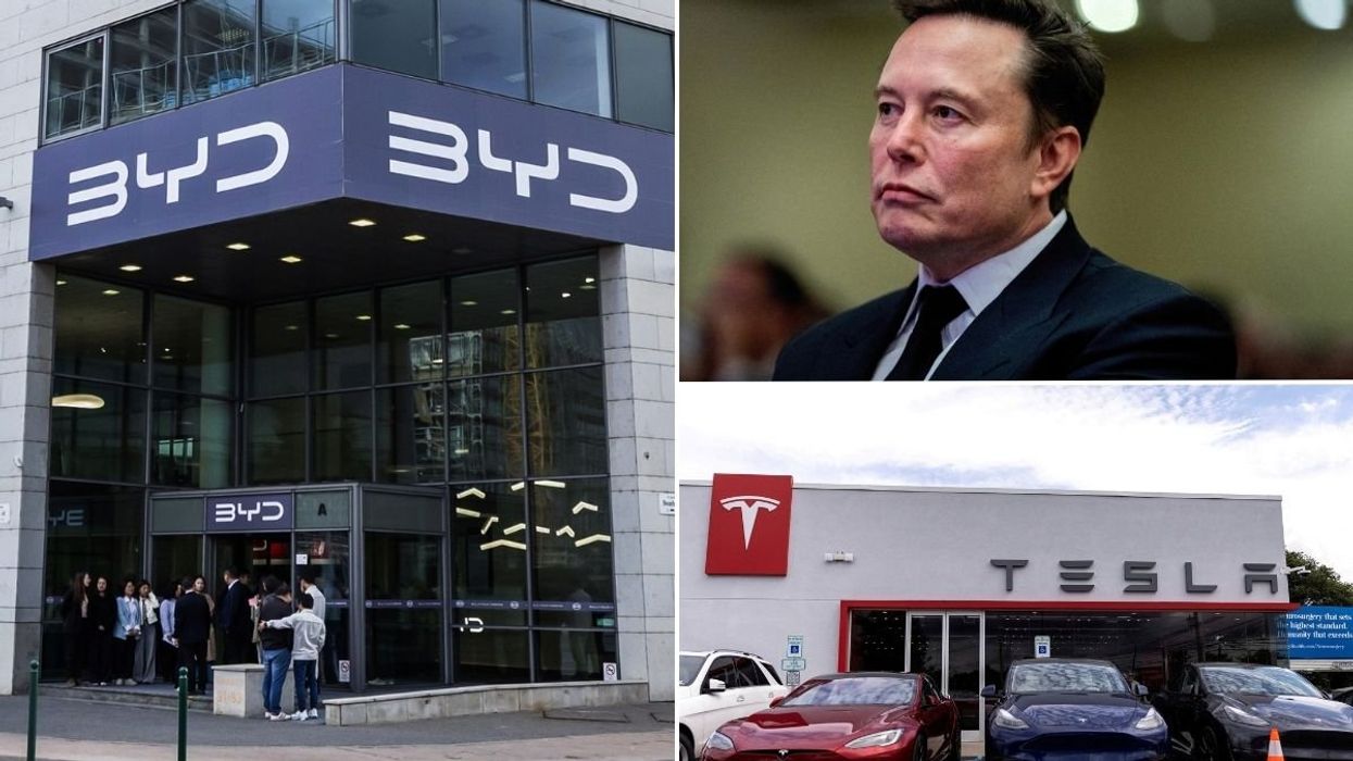 BYD HQ, Tesla CEO Elon Musk and a Tesla dealership