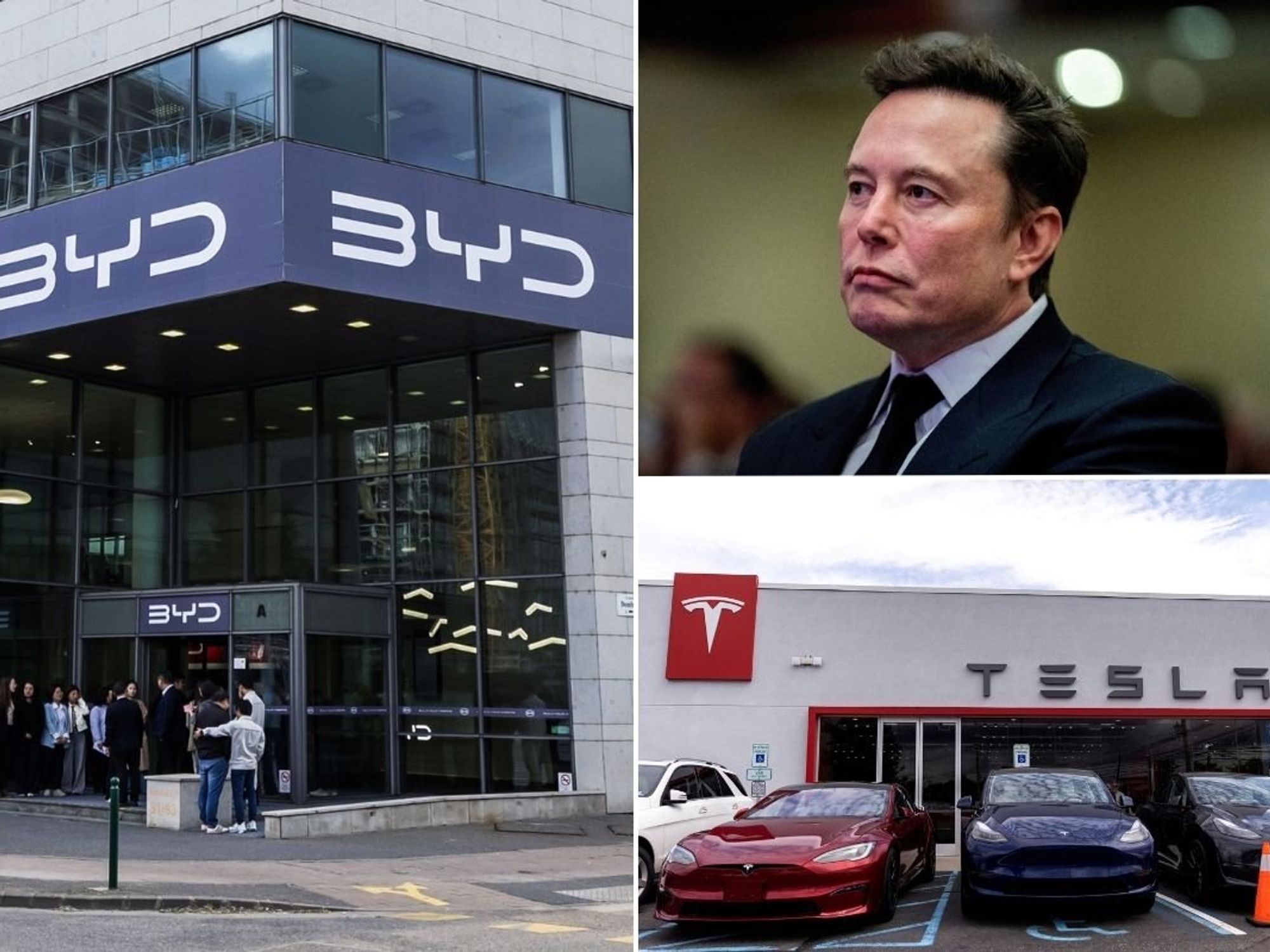 BYD HQ, Tesla CEO Elon Musk and a Tesla dealership