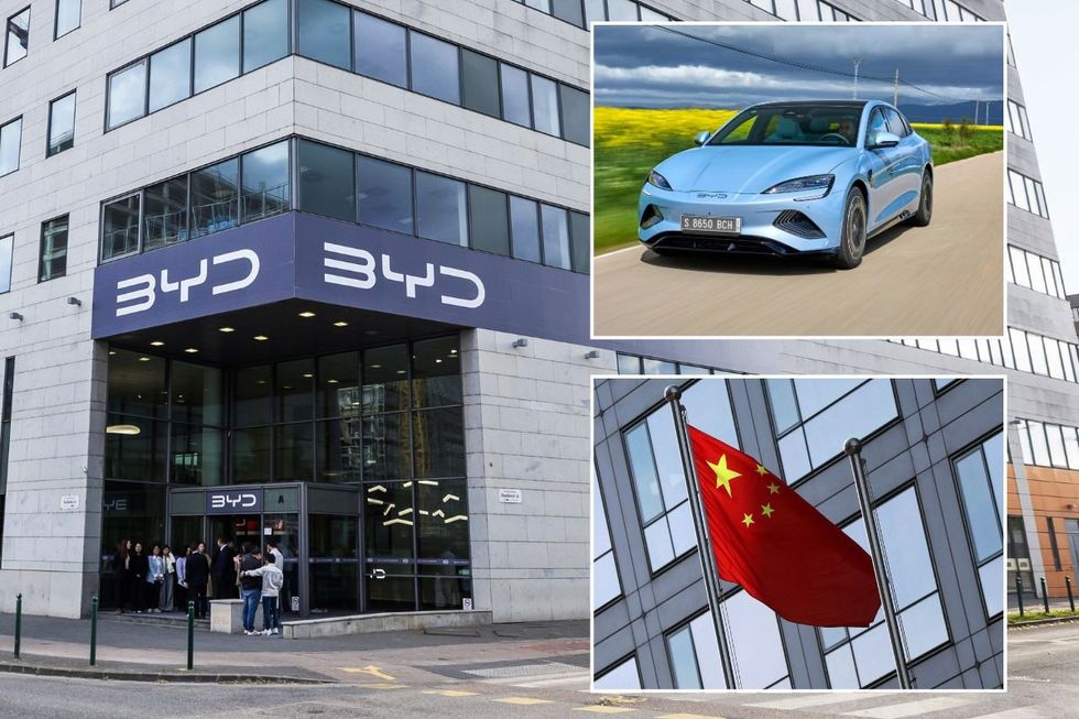 BYD's headquarters in Hungary, a BYD Seal and a Chinese flag