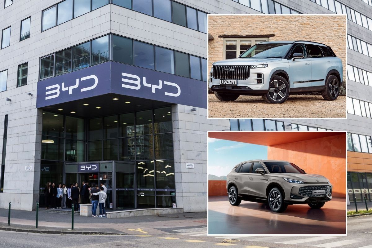 BYD sign, a Jaecoo 7 and a MG HS