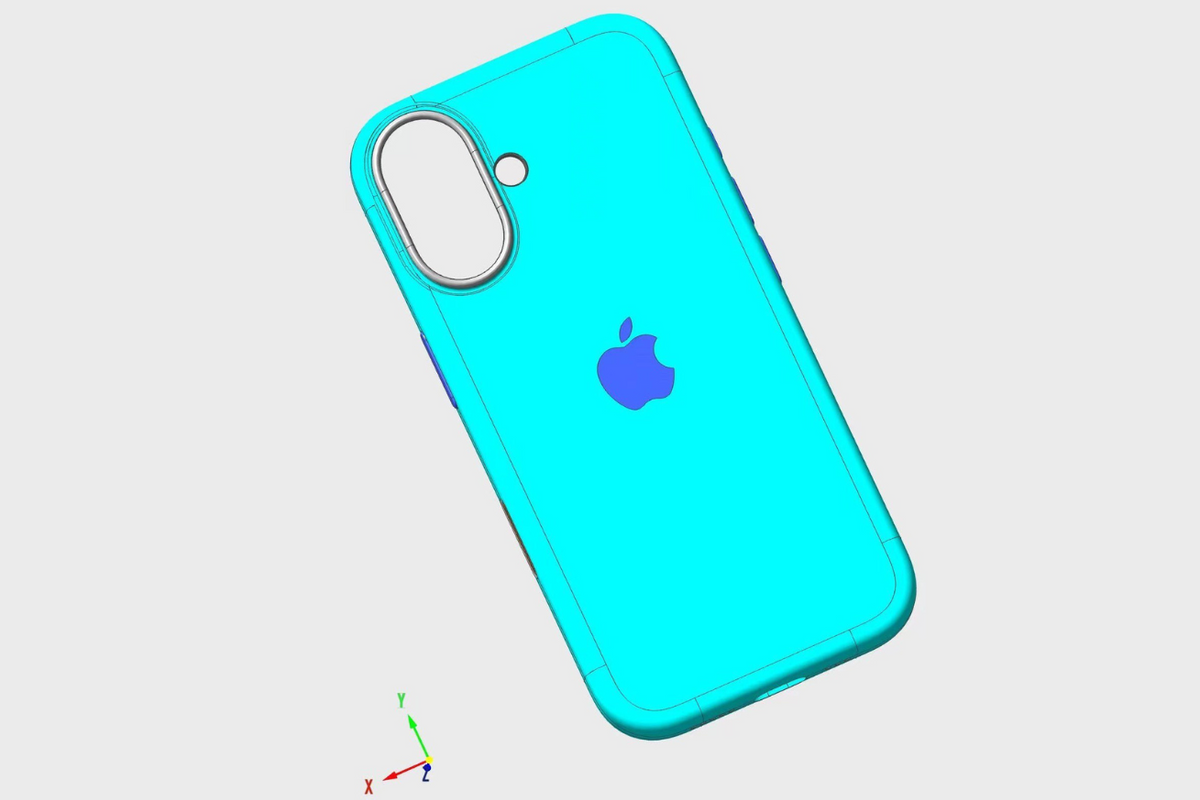 cad design of the iphone 16 pictured on a grey background 