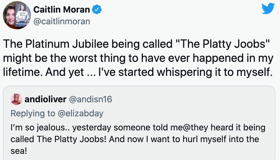 Caitlin Moran's tweet has received over 500 likes.