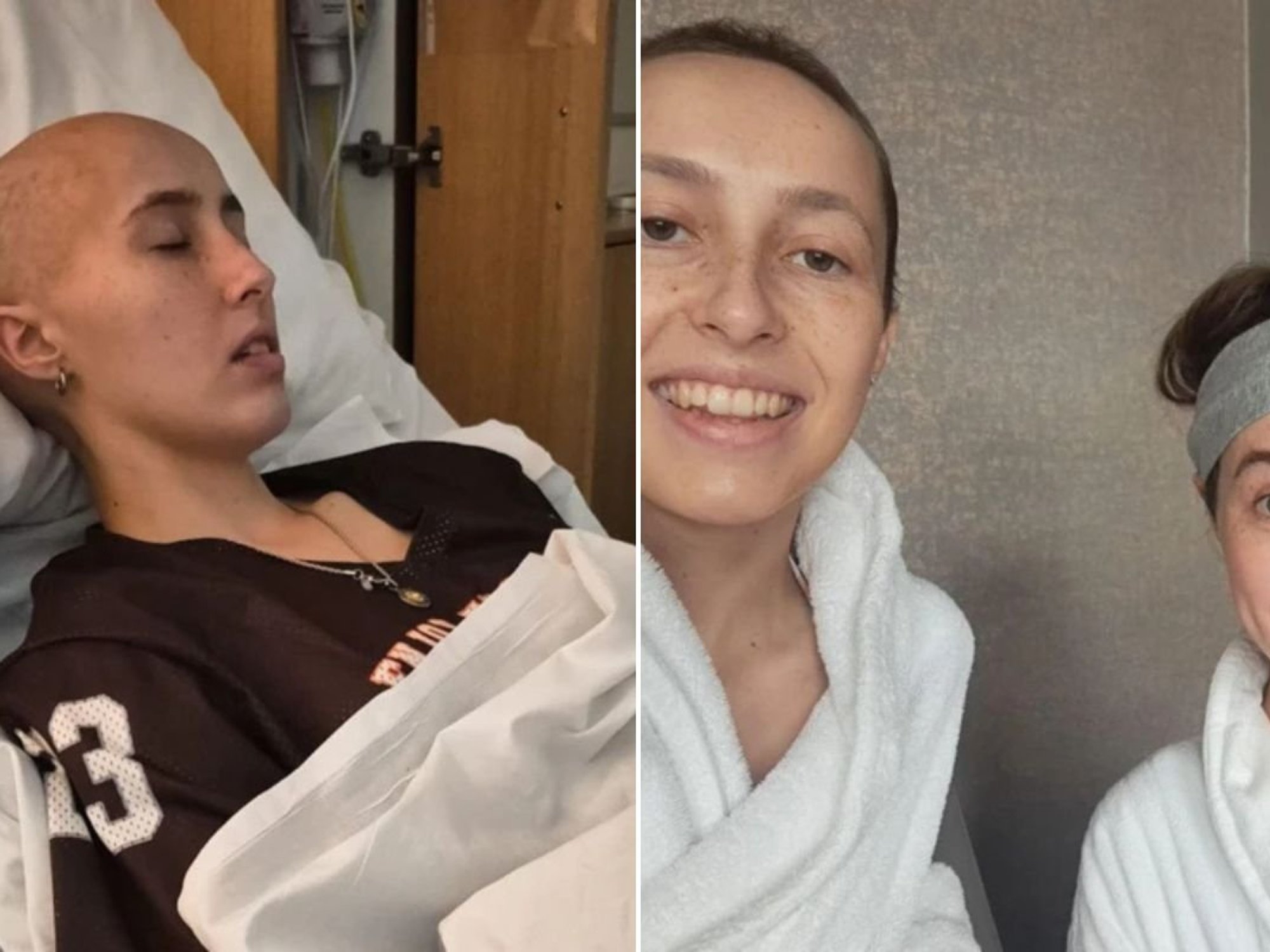 Caitlin sleeping (left) and Caitlin with her sister Grace