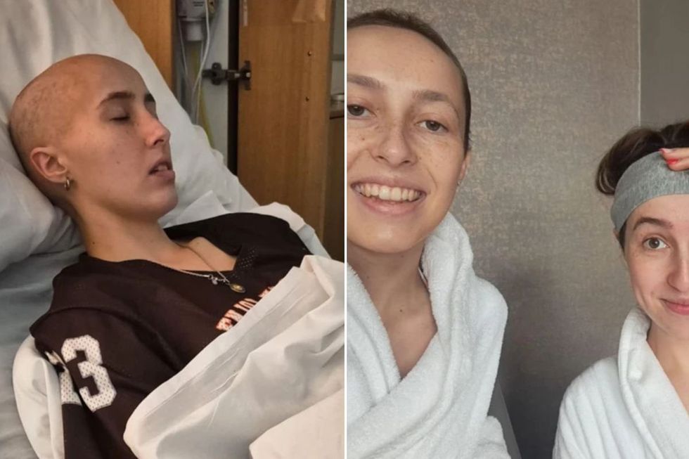 Caitlin sleeping (left) and Caitlin with her sister Grace