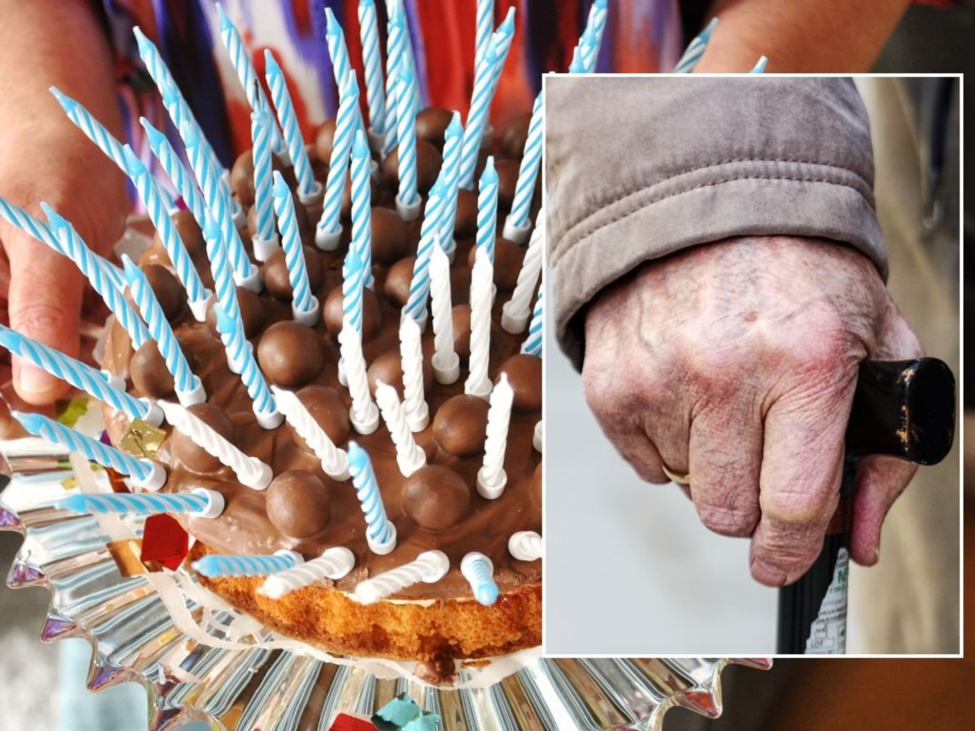 CAKE WITH CANDLES AND HAND ON WALKING STICK