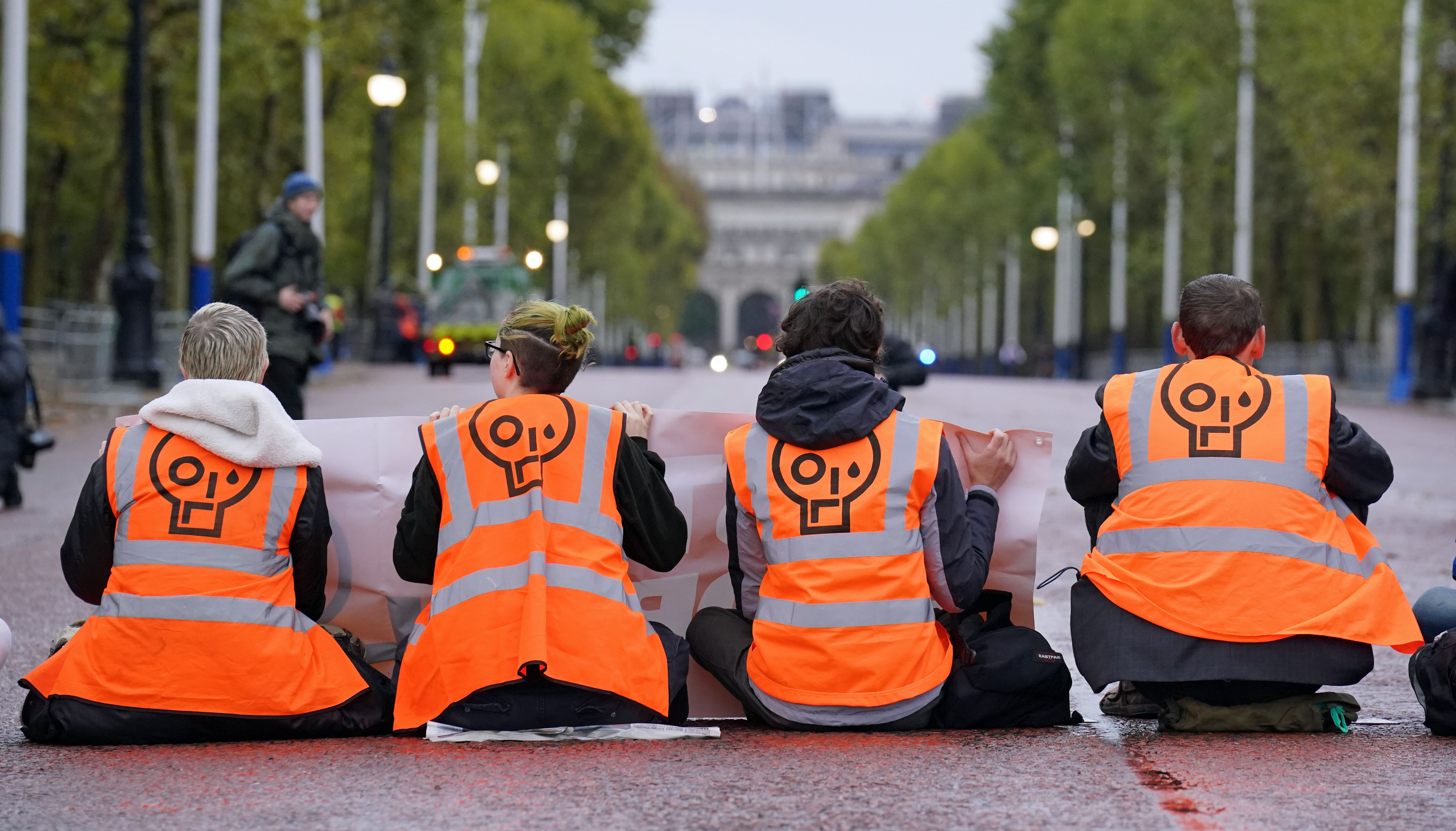 Campaigners from Just Stop Oil during a protest on The Mall, near Buckingham Palace, London. Activists have been blocking roads in central London since the start of October as part of their campaign to stop future gas and oil projects from going ahead. Picture date: Monday October 10, 2022.