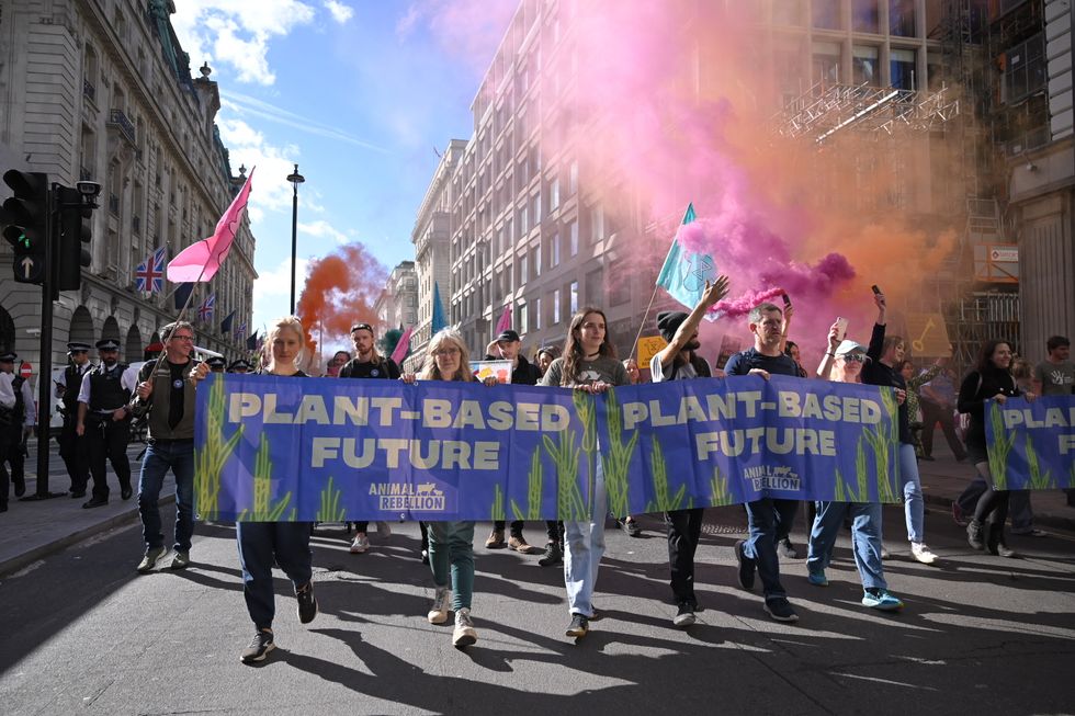 Campaigners marching with a banner during a protest in London. Picture date: Saturday October 8, 2022.
