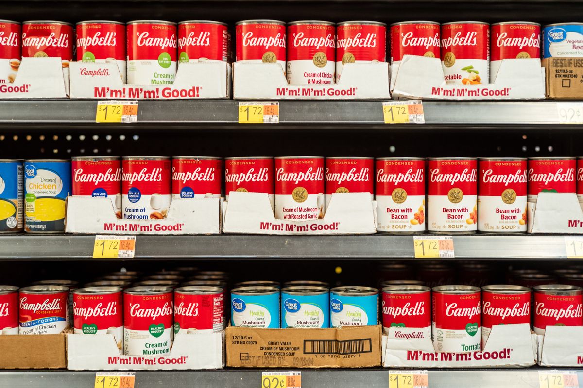 Campbell's soup is seen on a shelf at a Walmart store