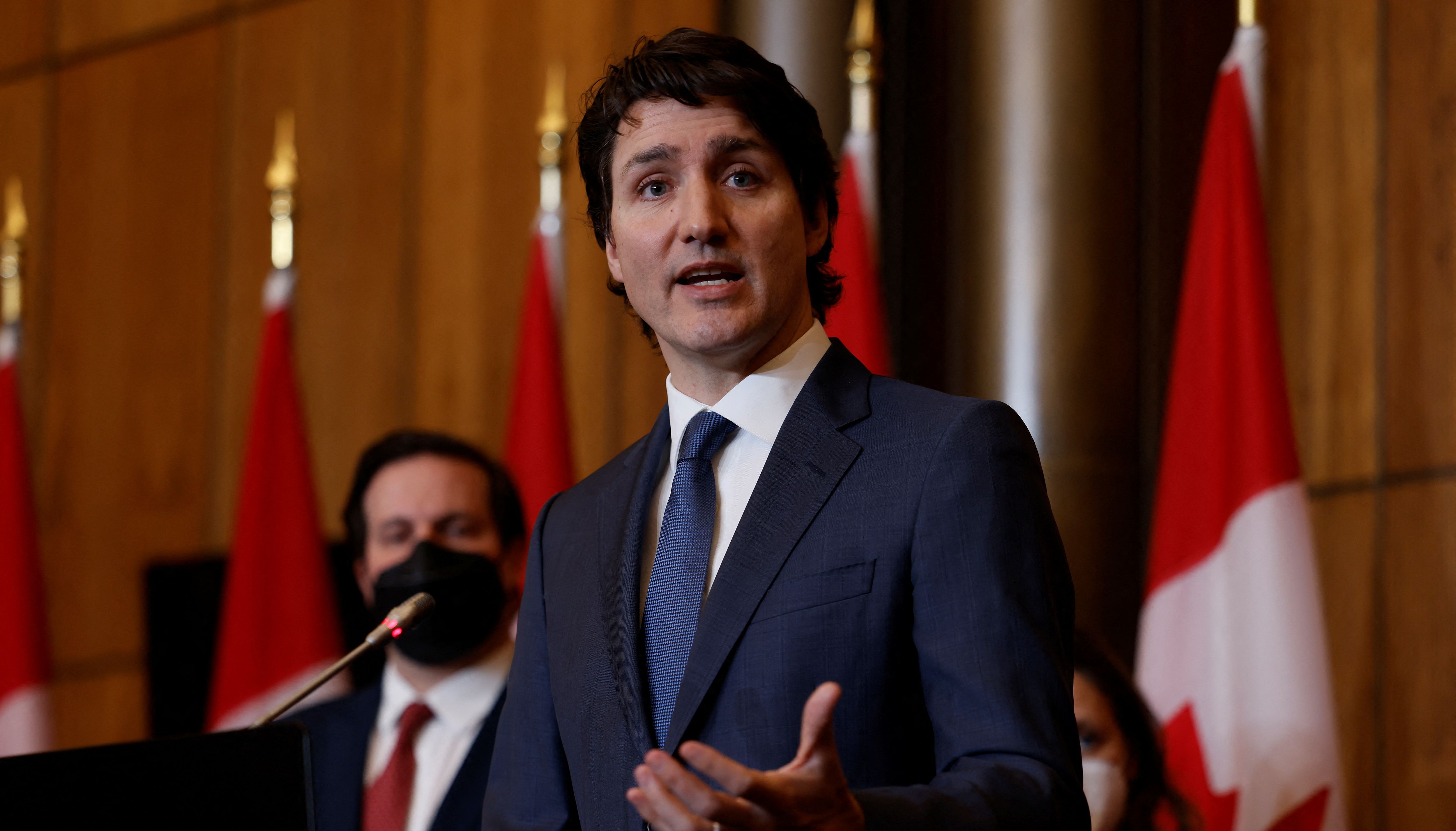 Canada's Prime Minister Justin Trudeau takes part in a news conference after police ended three weeks of occupation of the capital by protesters seeking to end Covid vaccine mandates in Ottawa, Canada