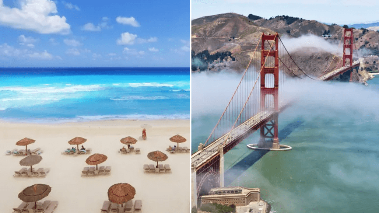 Cancun, Mexico beach / San Francisco Golden Gate Bridge