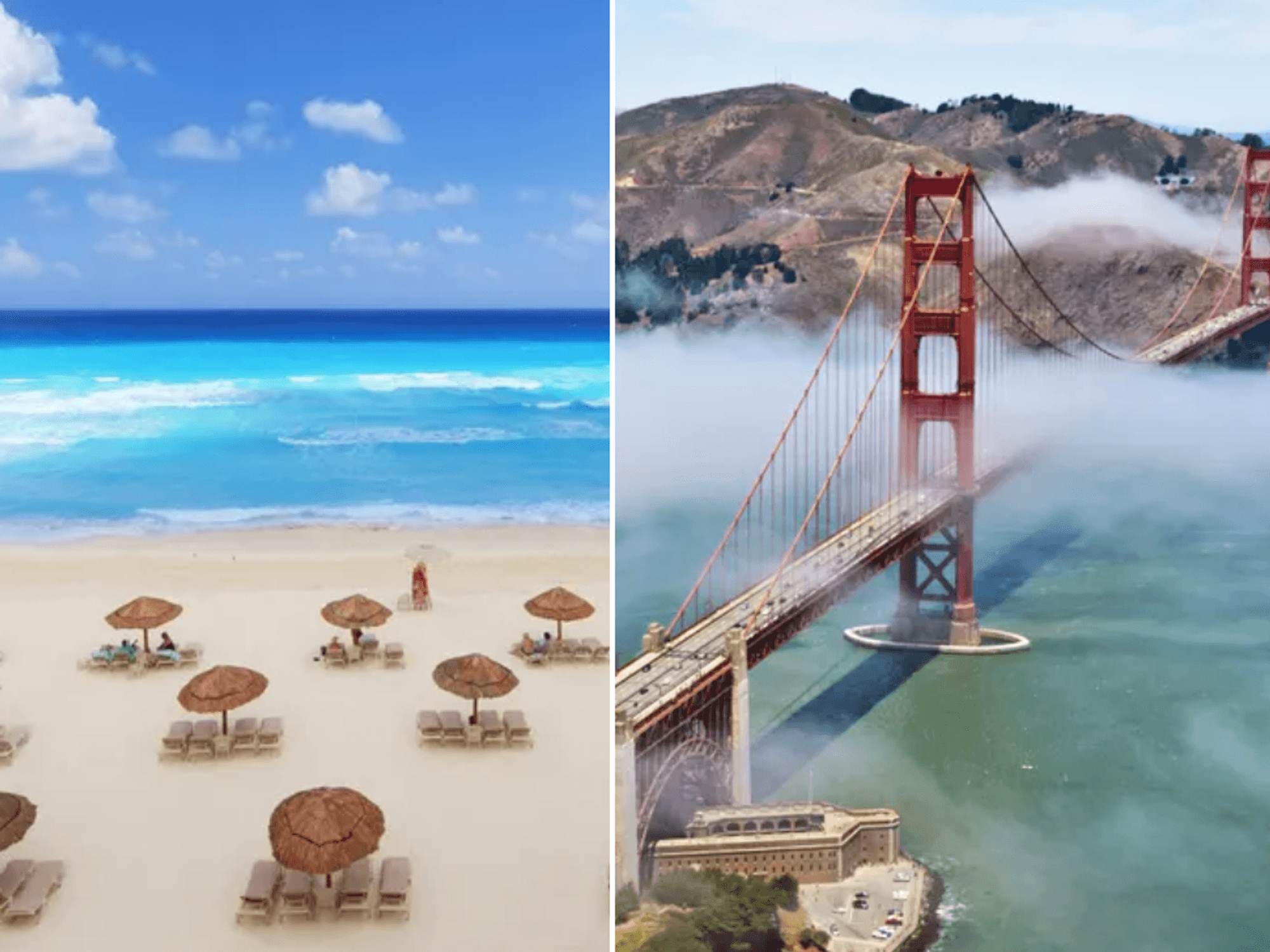 Cancun, Mexico beach / San Francisco Golden Gate Bridge