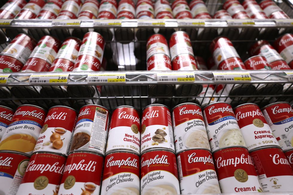 Cans of Campbell's Soup are displayed on a shelf