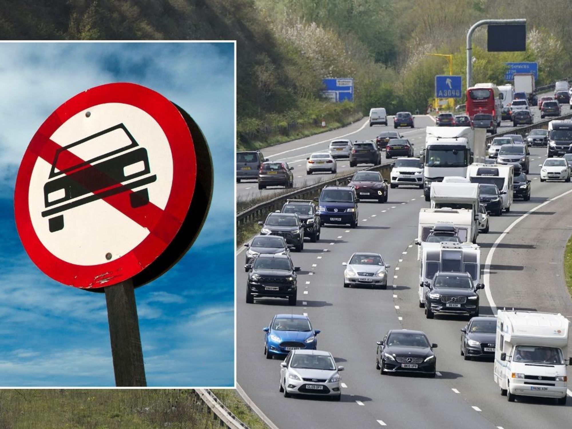 Car ban sign and a busy motorway