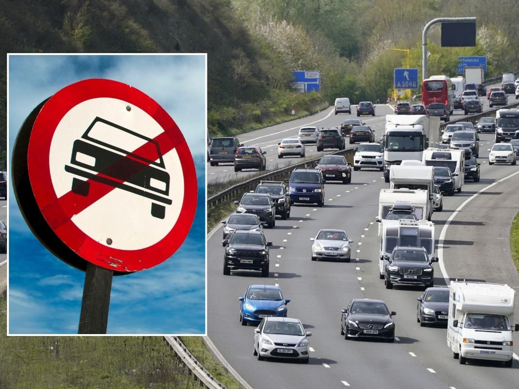 Car ban sign and a busy motorway