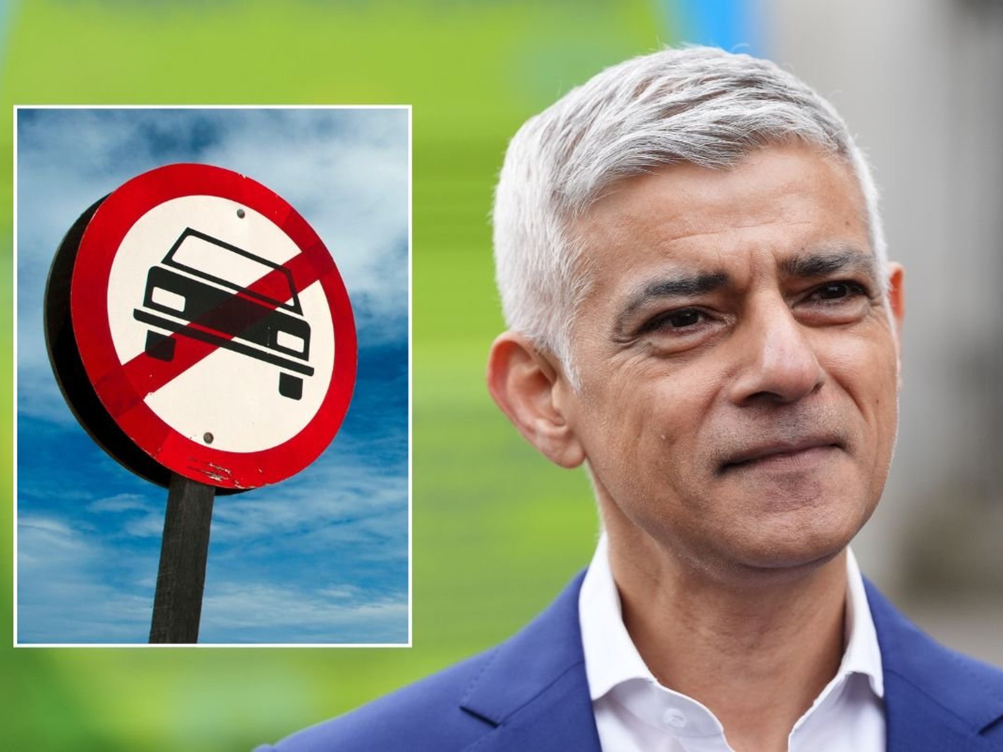 Car ban sign and London Mayor Sir Sadiq Khan