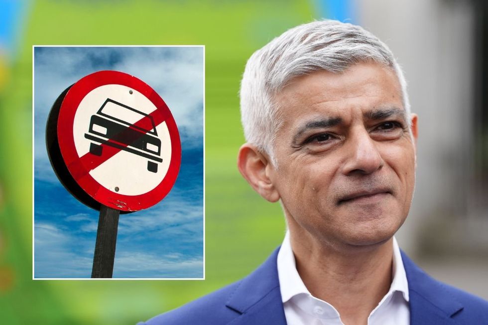Car ban sign and London Mayor Sir Sadiq Khan
