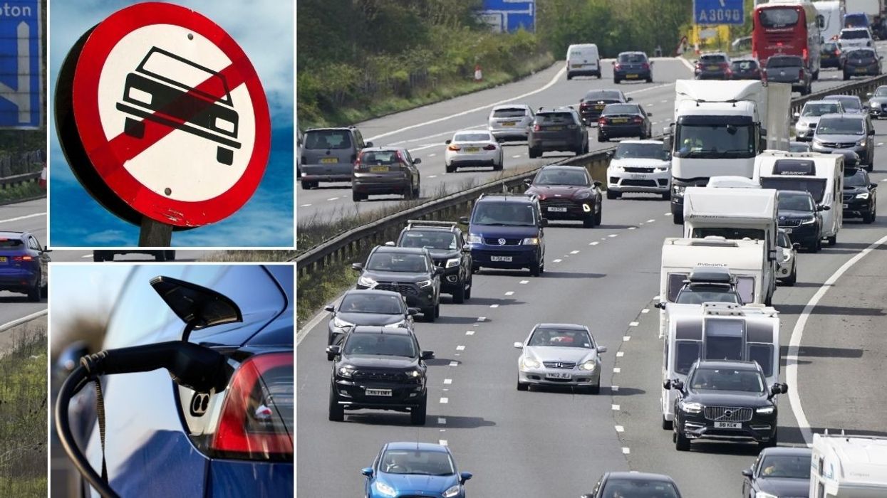 Car ban sign, electric car charging and UK road traffic
