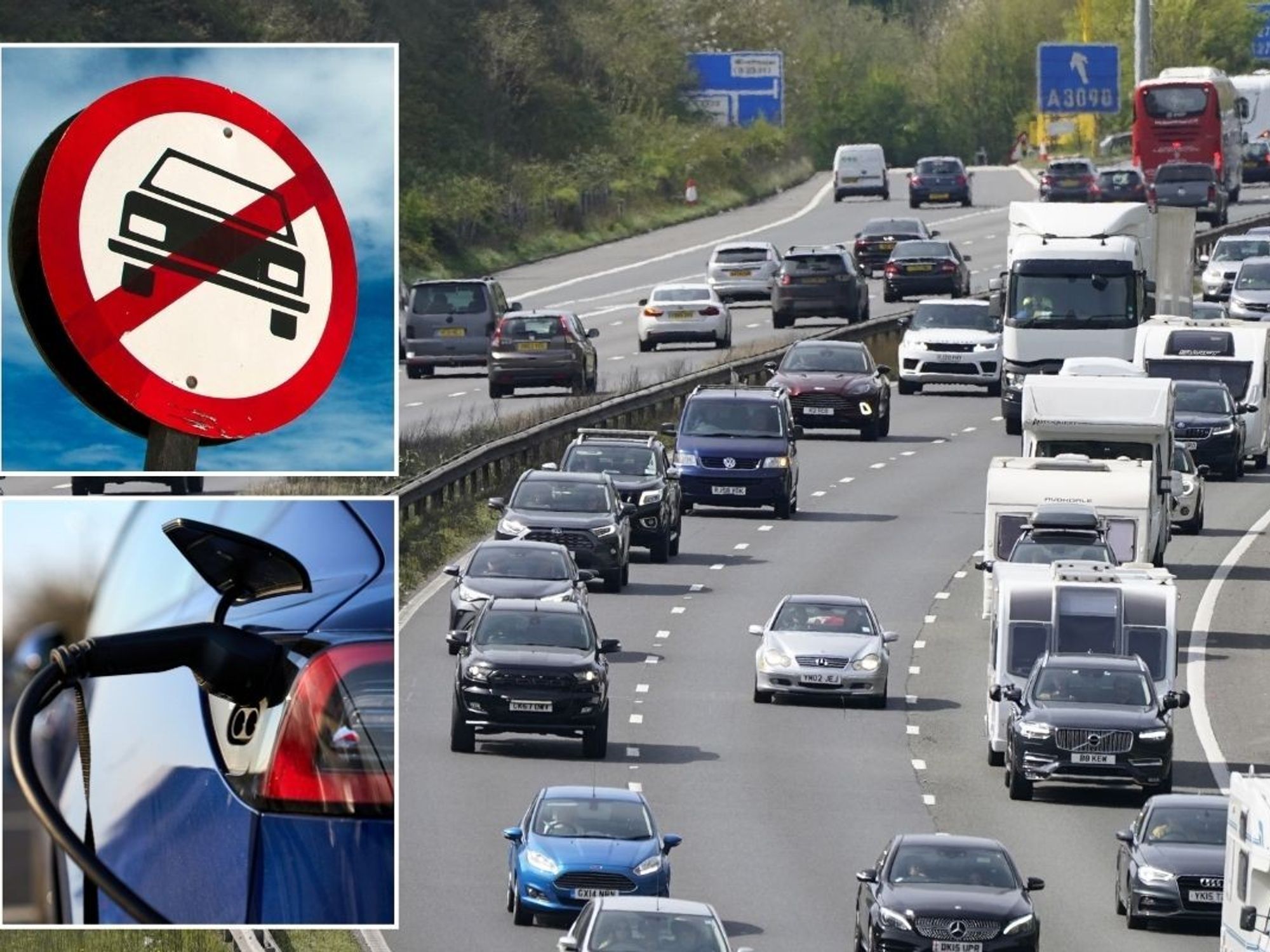 Car ban sign, electric car charging and UK road traffic