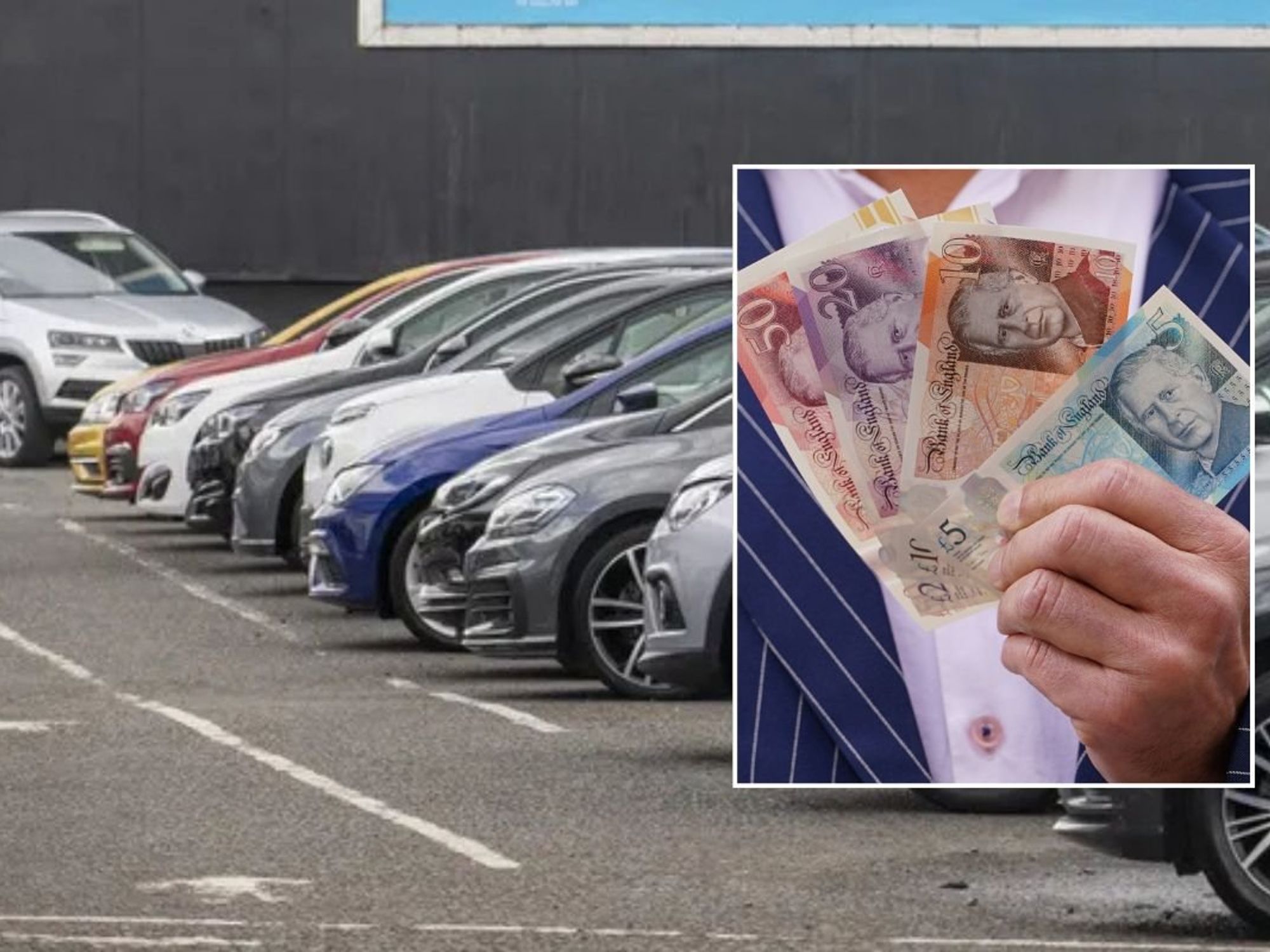 Car dealership and a man holding cash