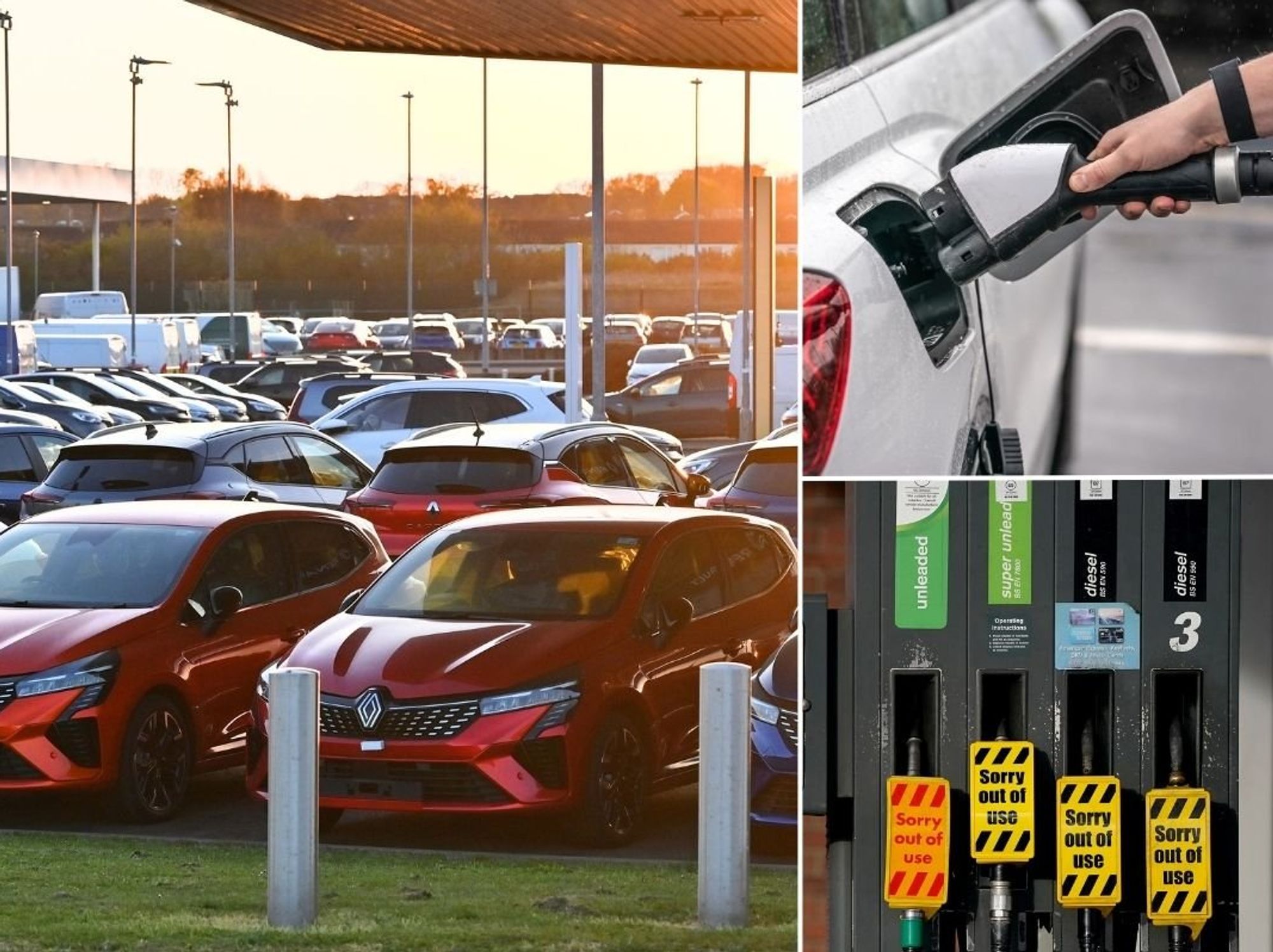 Car dealership, electric car charger and an empty fuel pump