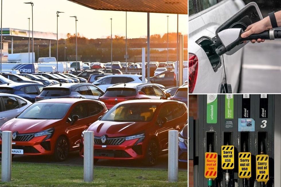 Car dealership, electric car charger and an empty fuel pump