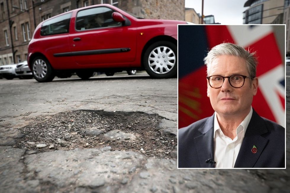 Car driving near a pothole and Keir Starmer