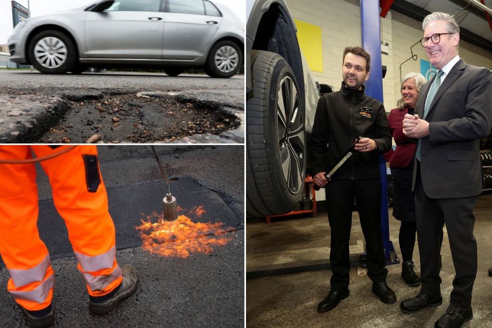 Car driving past a pothole, a worker fixing a pothole and Keir Starmer and Heidi Alexander fixing a car tyre
