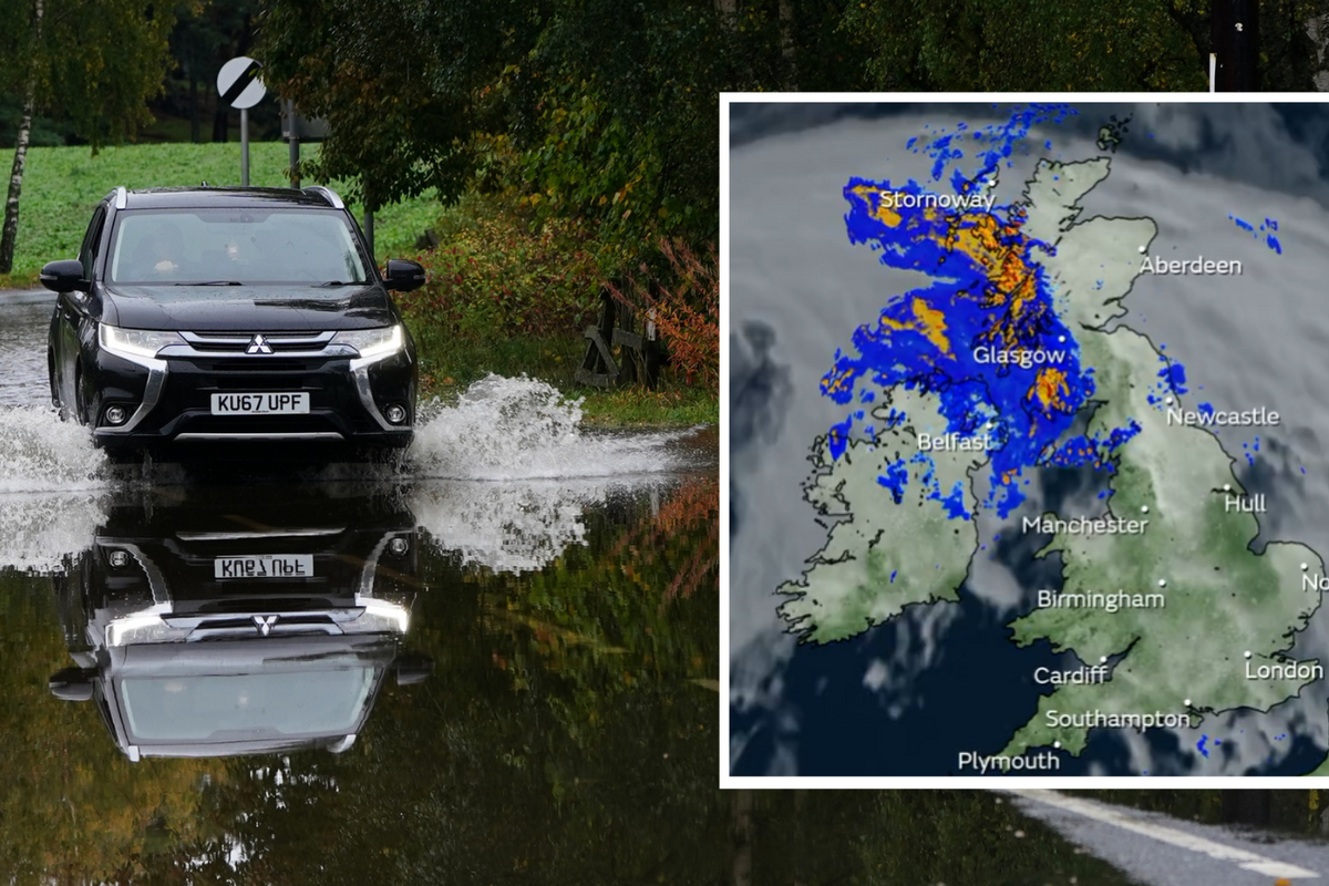 Car driving through a flood in Scotland/yellow warning map from Met Office