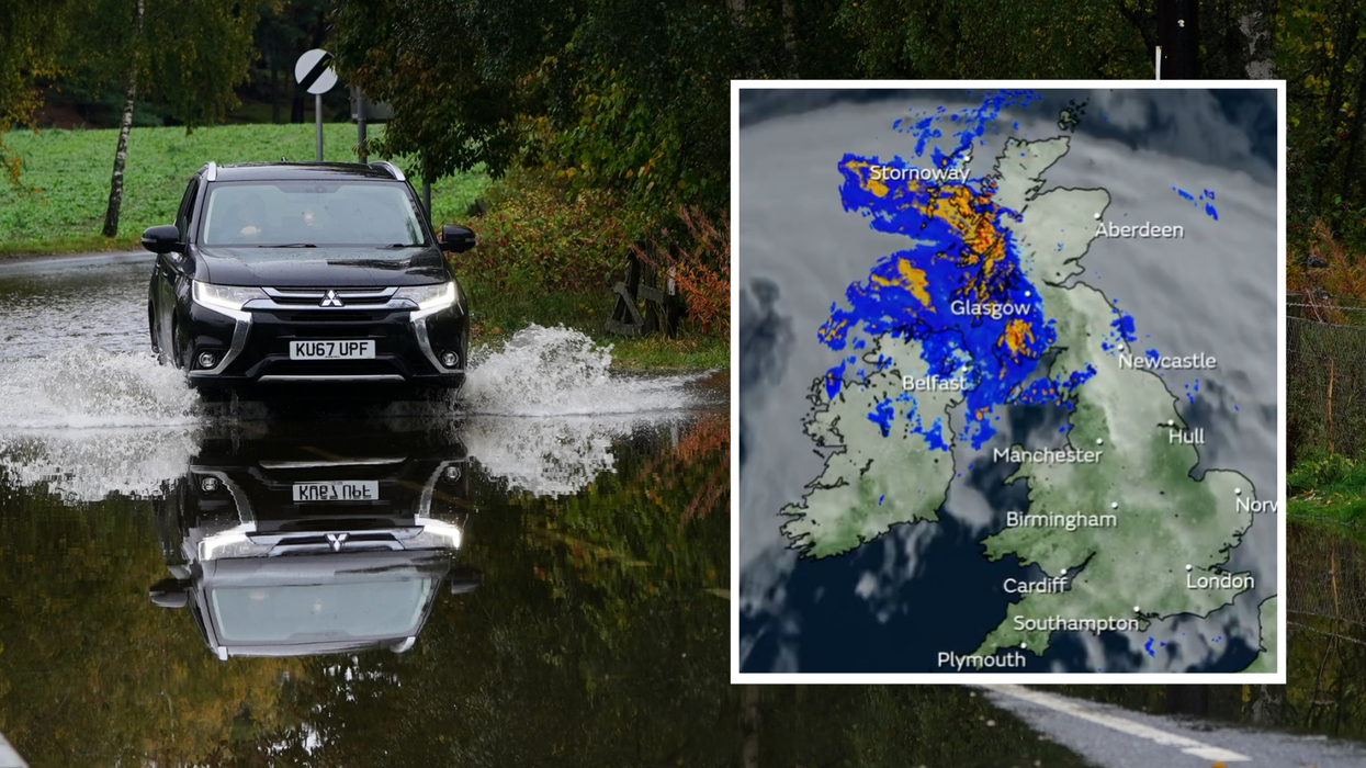 Car driving through a flood in Scotland/yellow warning map from Met Office