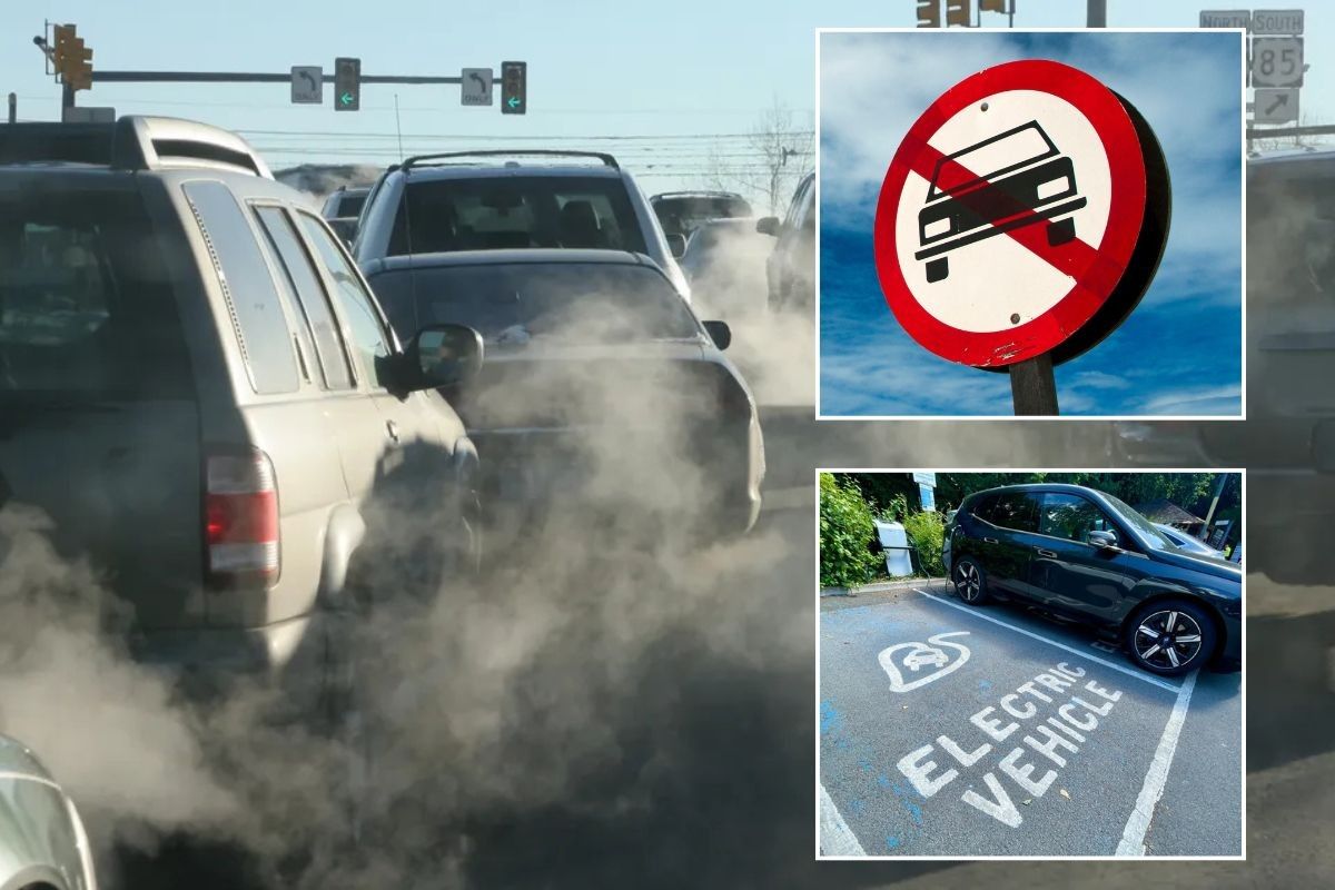 Car emissions, a car ban sign and an electric car charging