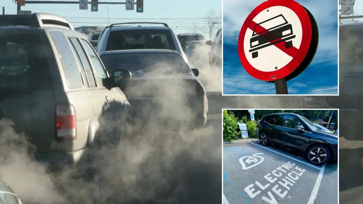 Car emissions, a car ban sign and an electric car charging