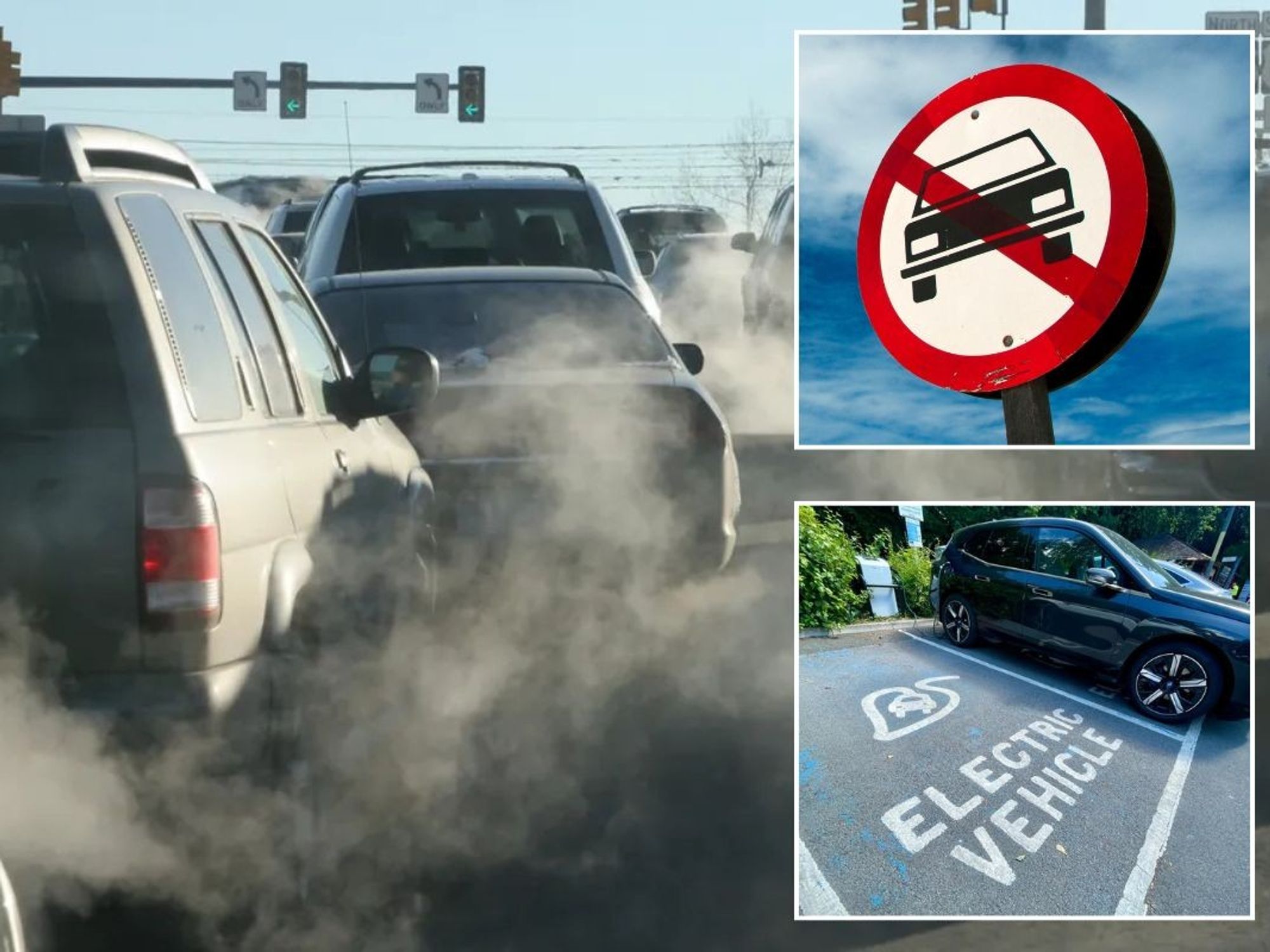 Car emissions, a car ban sign and an electric car charging