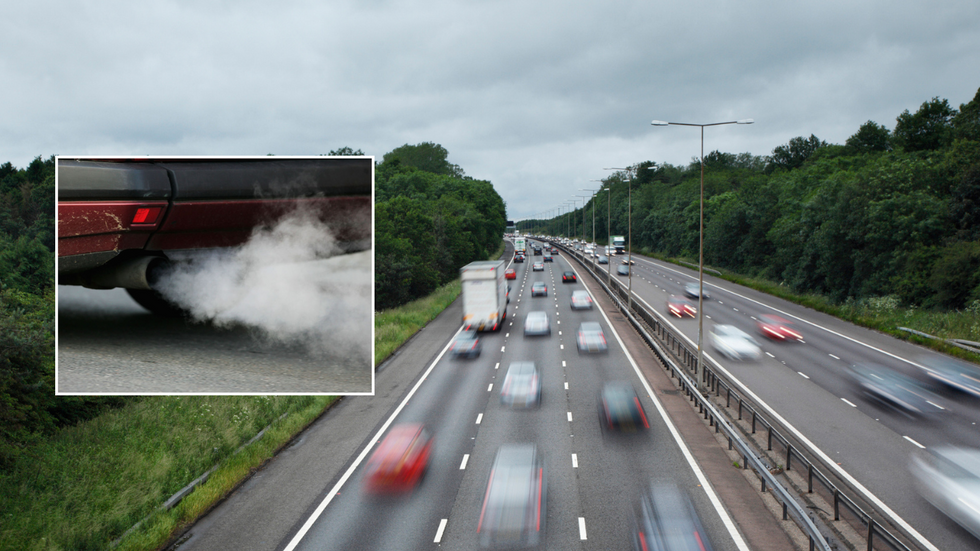 Car emissions and UK road with cars