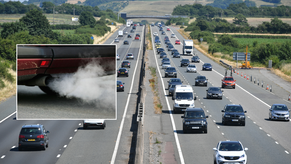 Car emissions and UK road with cars