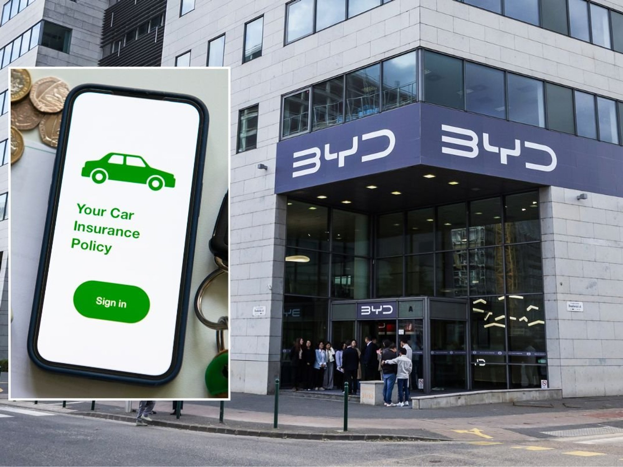 Car insurance policy and a BYD headquarters
