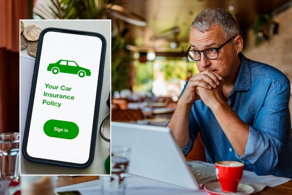 Car insurance policy and a man looking at a laptop