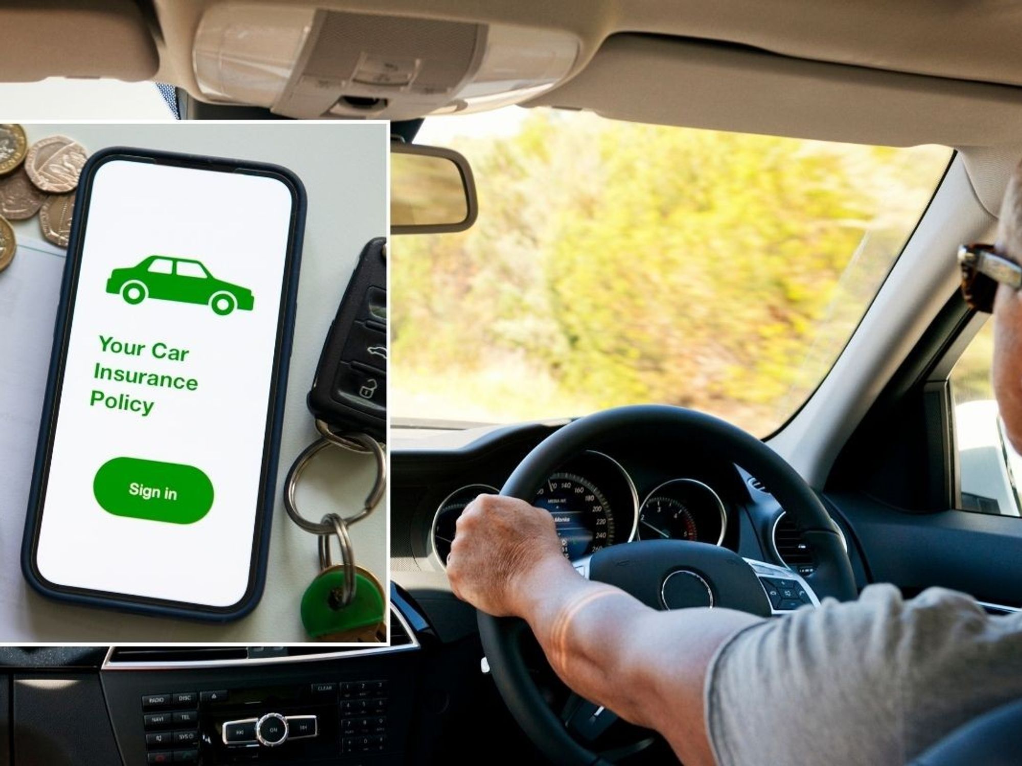 Car insurance policy and a person driving a car