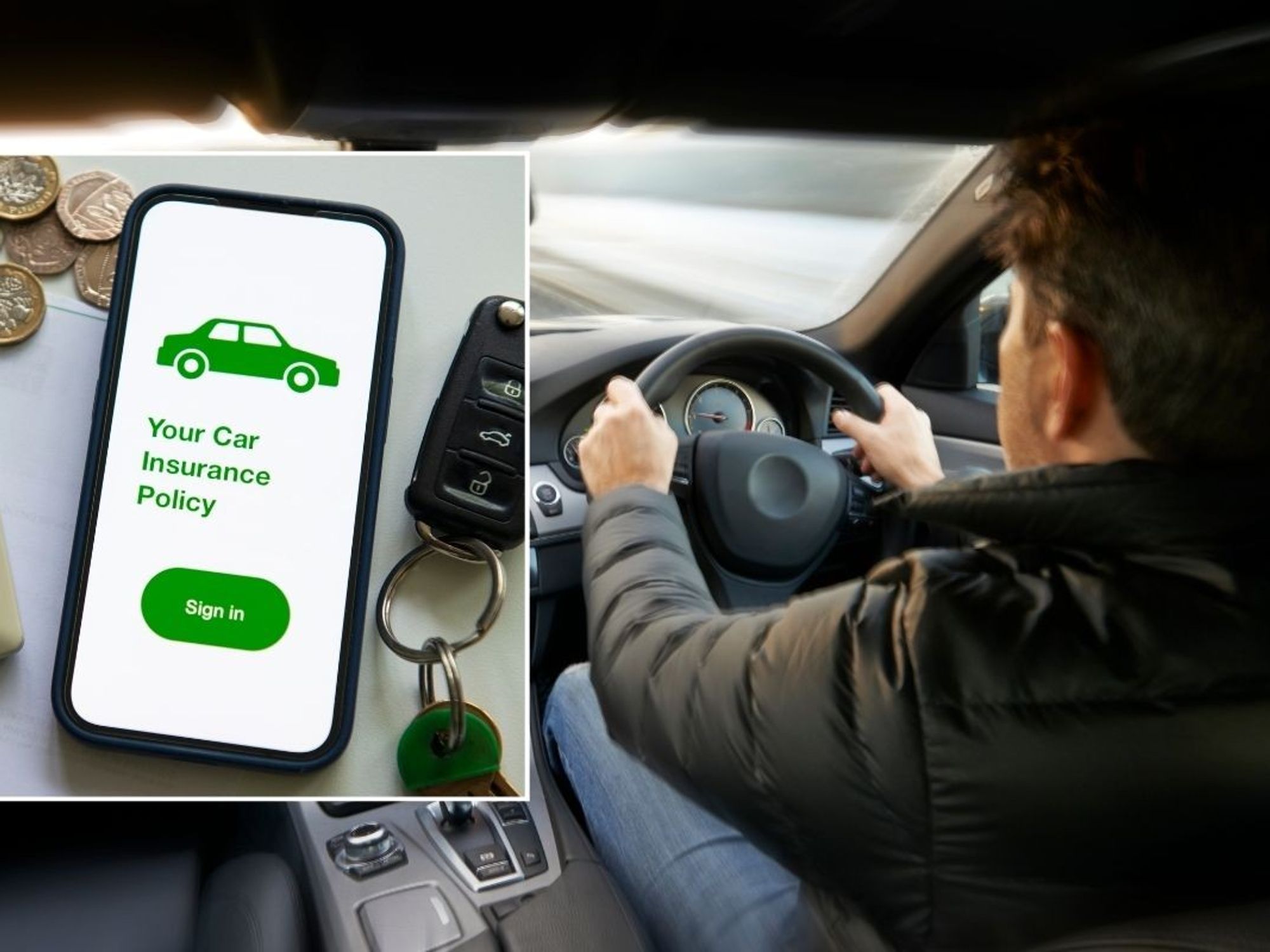 Car insurance policy and a person driving a car