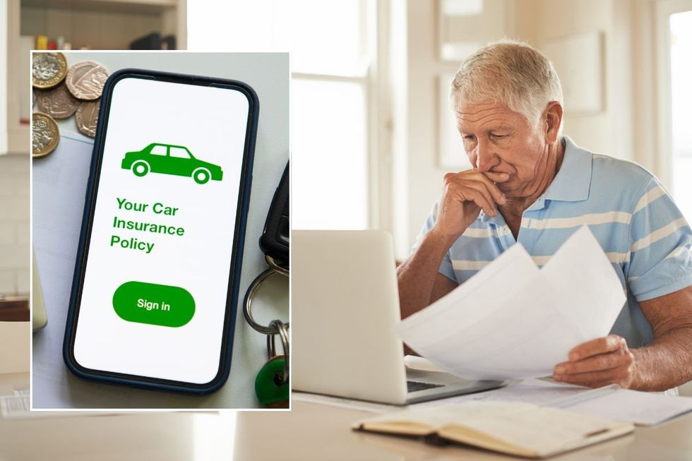 Car insurance policy and an elderly man checking a laptop