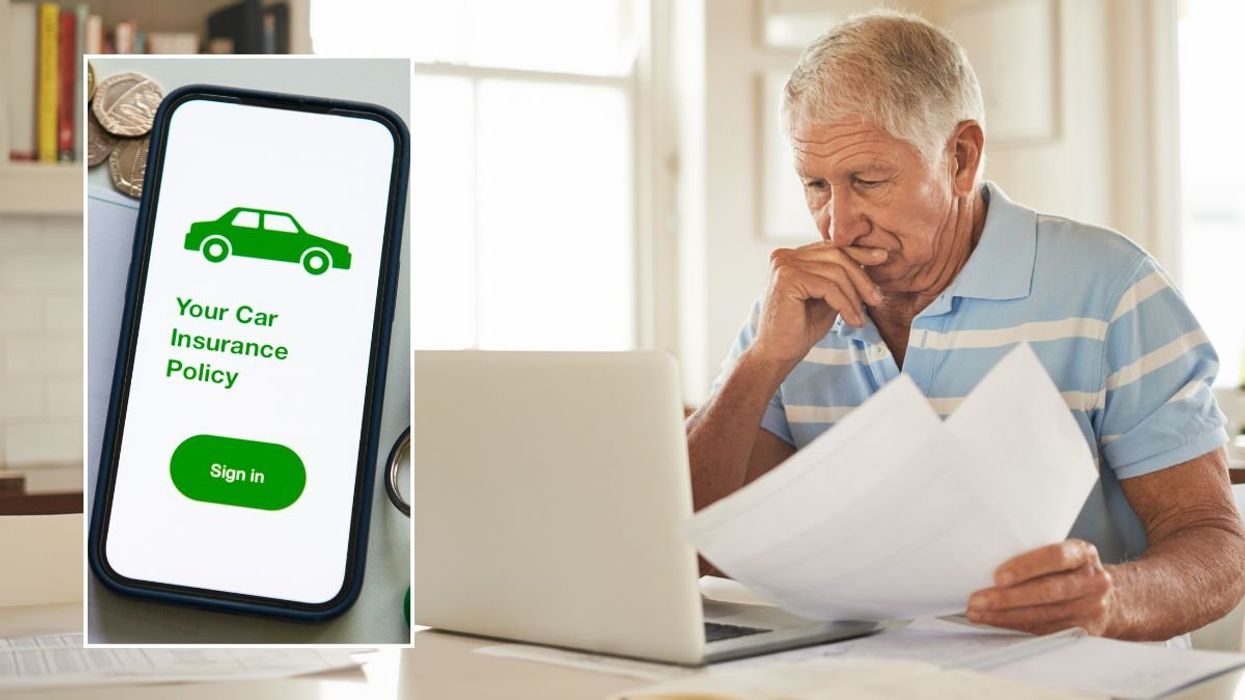 Car insurance policy and an elderly man checking a laptop