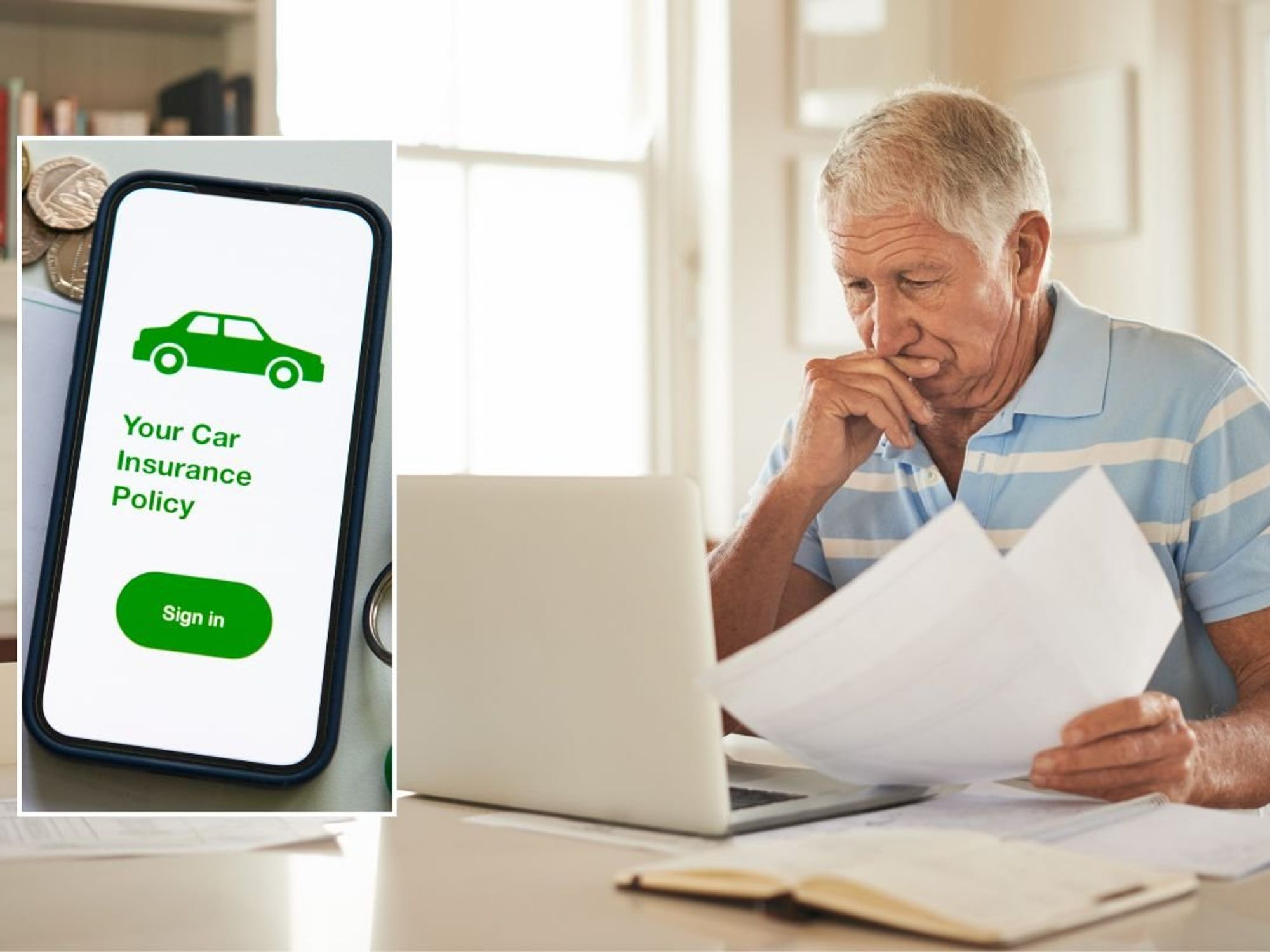 Car insurance policy and an elderly man checking a laptop