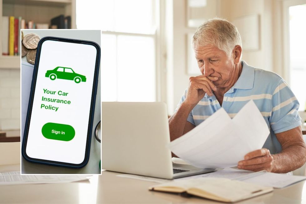 Car insurance policy and an elderly man checking a laptop