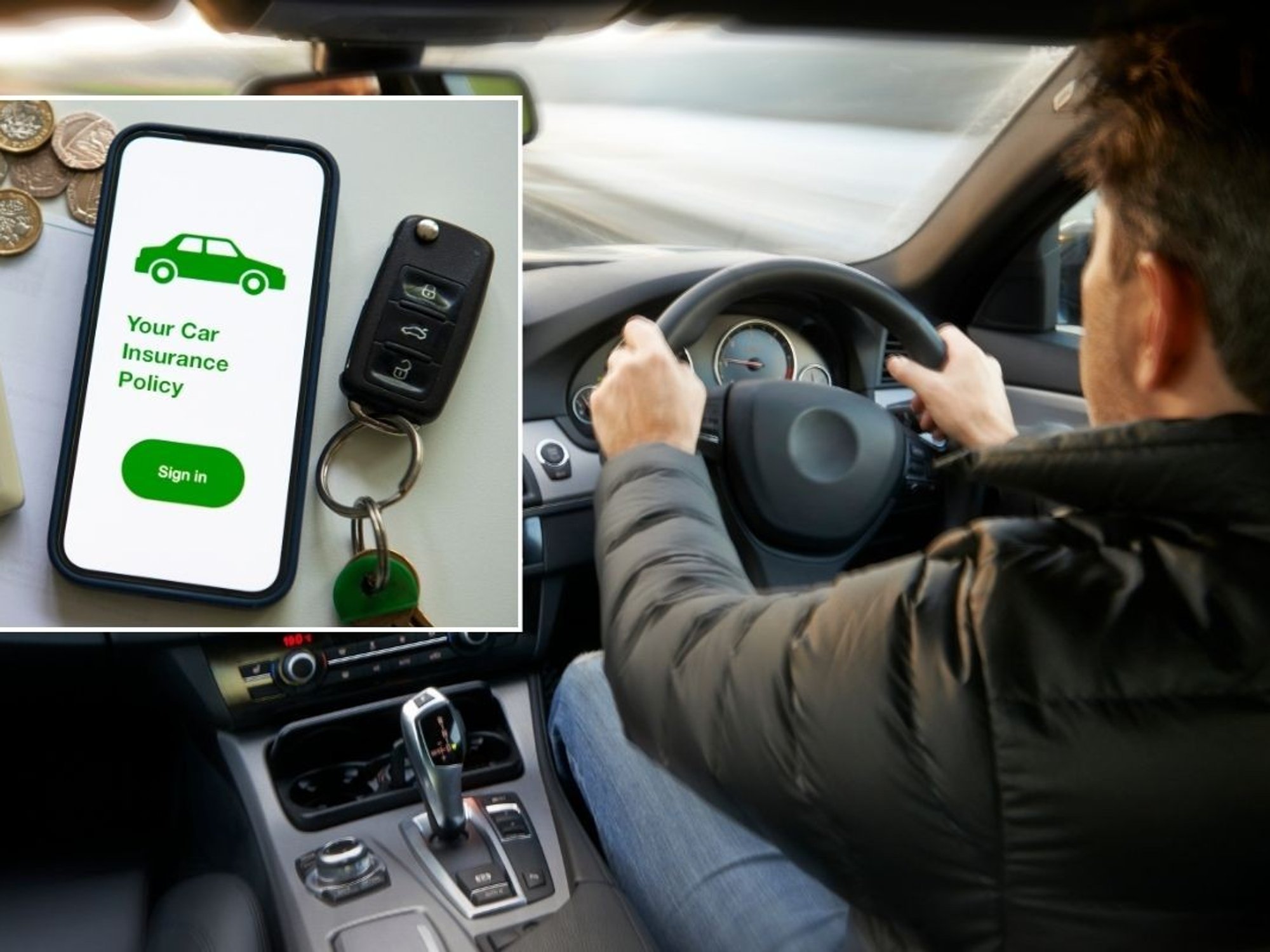 Car insurance policy and man driving a vehicle