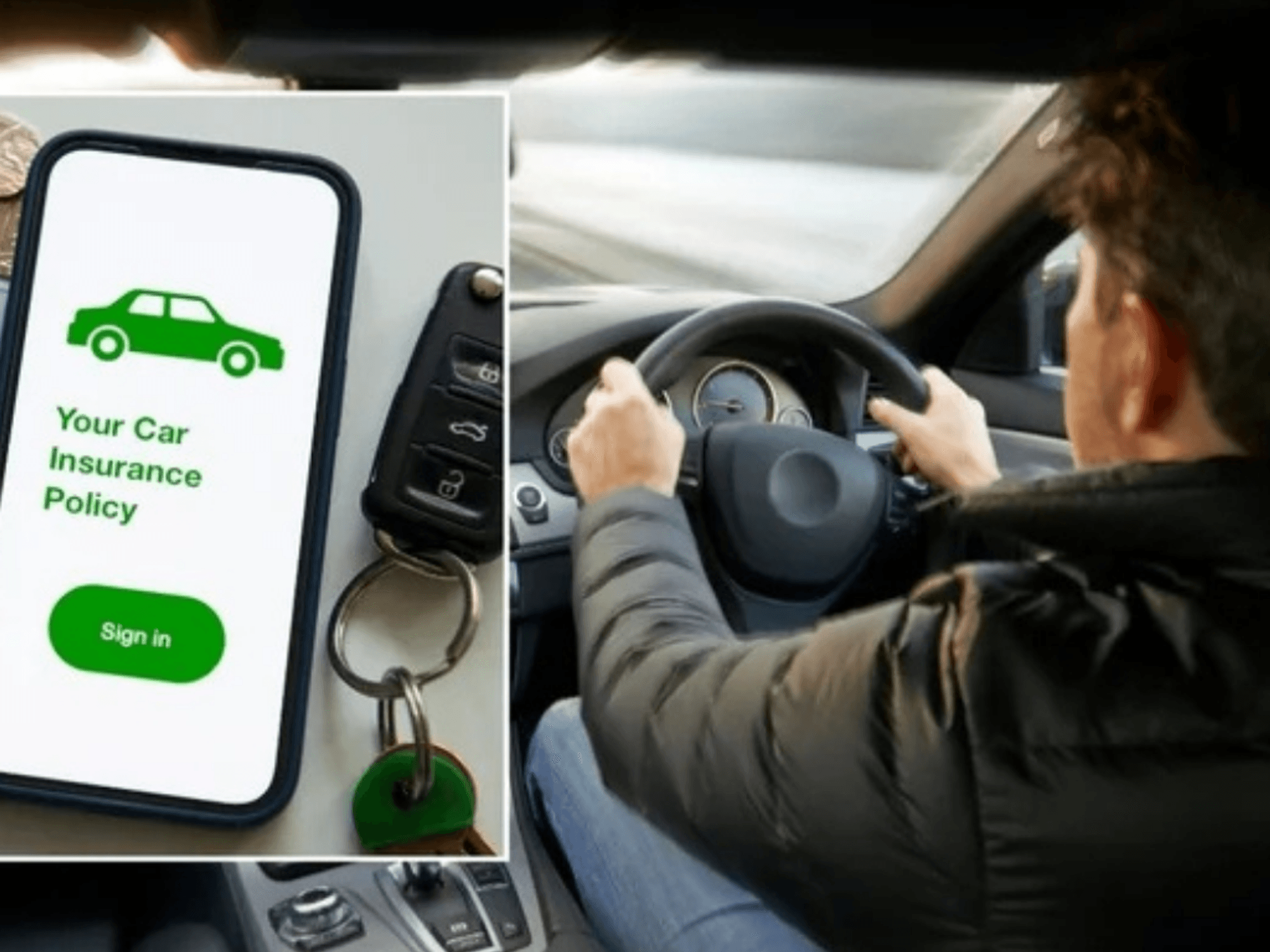 Car insurance policy and man driving a vehicle